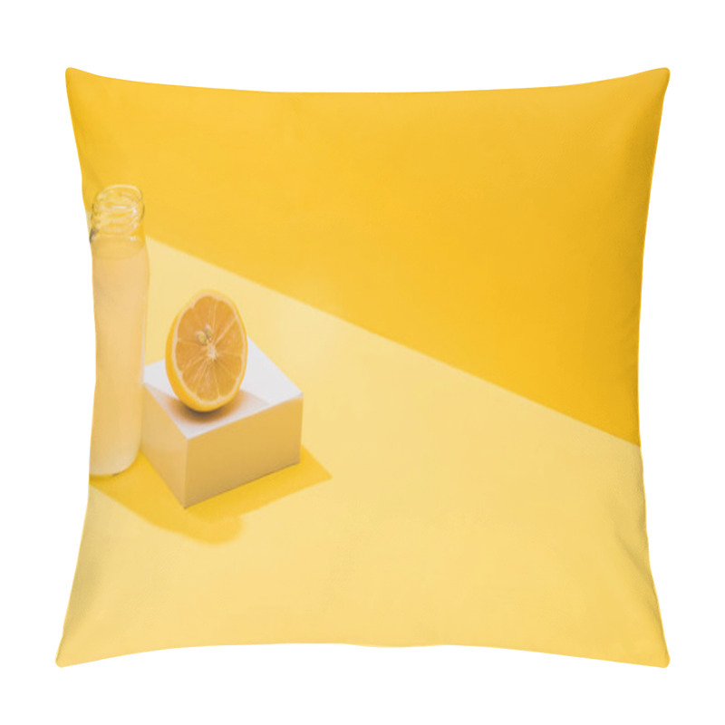 Personality  Fresh Juice In Bottle Near Lemon Half And White Cube On Yellow Background Pillow Covers