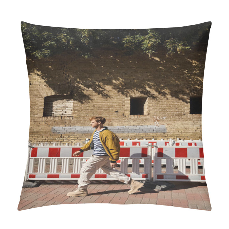 Personality  A Young Red-haired Man In Debonair Attire Walking Down A City Street Next To A Fence. Pillow Covers