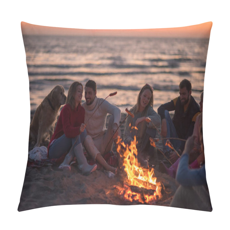 Personality  Group Of Young Friends Sitting By The Fire At Autumn Beach, Grilling Sausages And Drinking Beer, Talking And Having Fun Pillow Covers