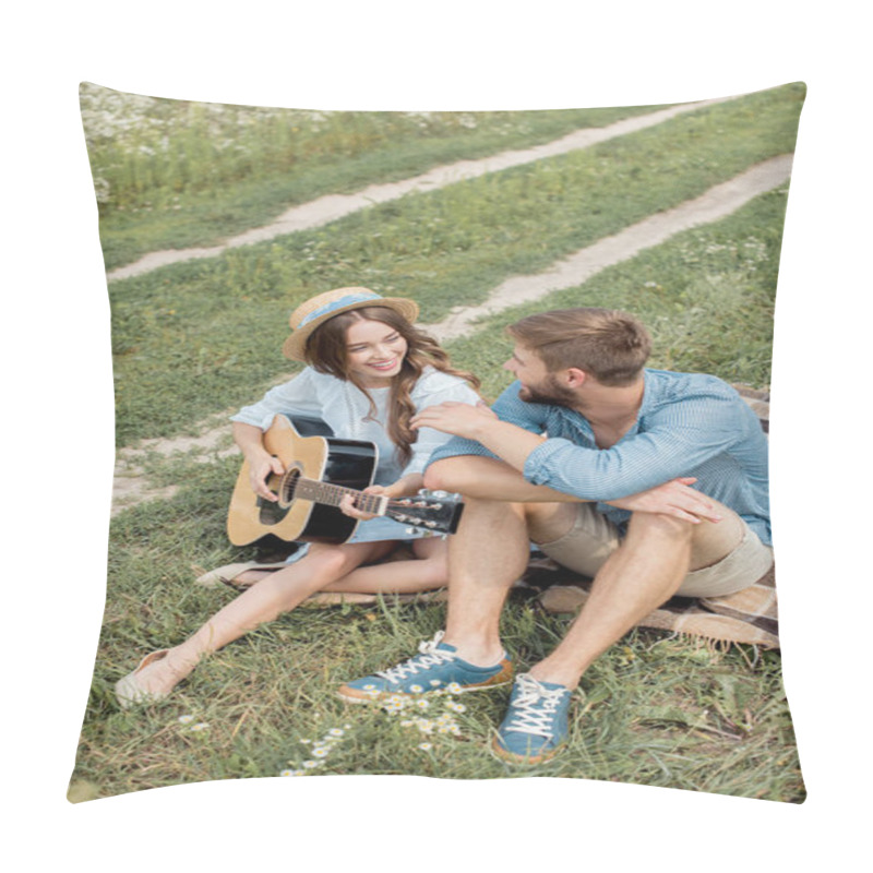 Personality  Smiling Woman Playing Acoustic Guitar To Boyfriend In Summer Filed Pillow Covers