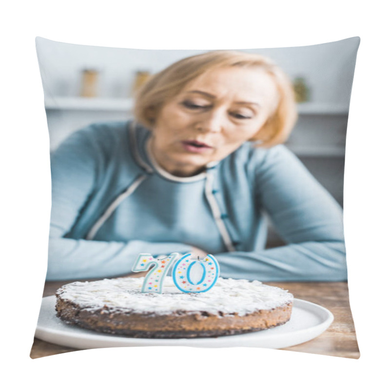 Personality  Selective Focus Of Cake With '70' Sign On Top And Senior Woman On Background During Birthday Celebration Pillow Covers