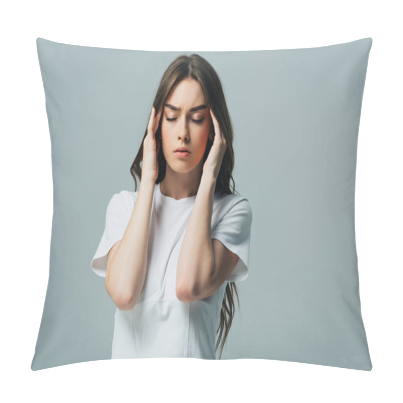 Personality  Tense Beautiful Girl In White T-shirt With Closed Eyes Suffering From Migraine Isolated On Grey Pillow Covers