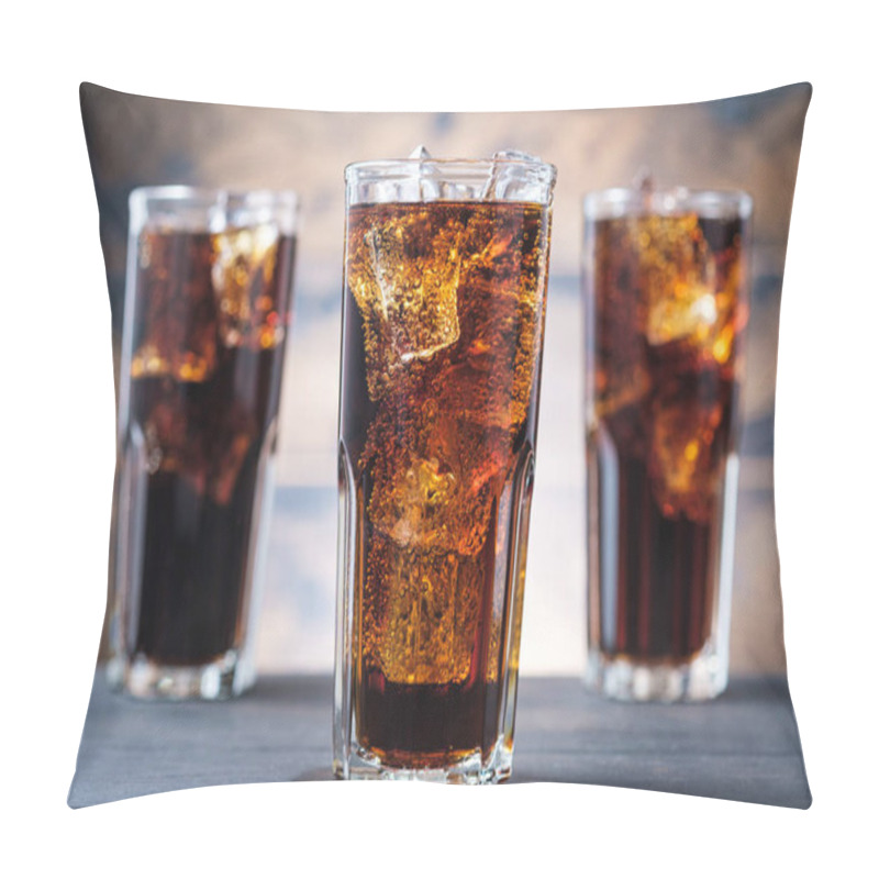 Personality  Three Cola Glass With Ice Cubes And Bubbles. Cold Sweet Drink On Wooden Background Pillow Covers