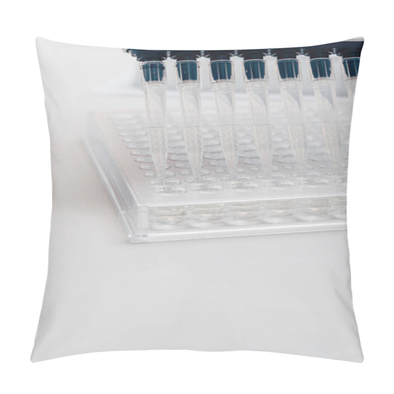 Personality  Close Up View Of Multichannel Pipette In Modern Biotechnology Laboratory  Pillow Covers