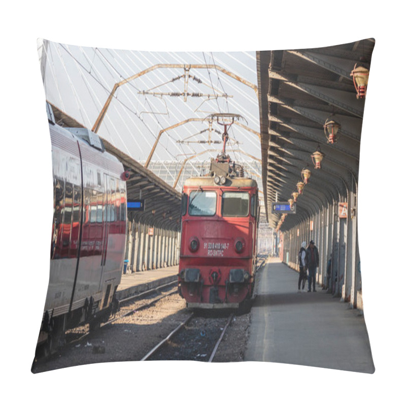 Personality  Train In Motion Or At Train Platform At North Rail Station (Gara De Nord). Train Transport Infrastructure. Bucharest, Romania, 2023 Pillow Covers