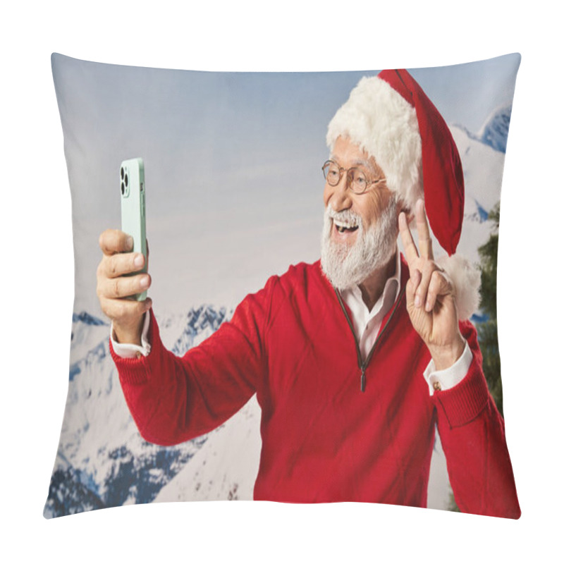 Personality  Jolly Santa With White Beard In Glasses Taking Selfie And Showing Peace Gesture, Winter Concept Pillow Covers