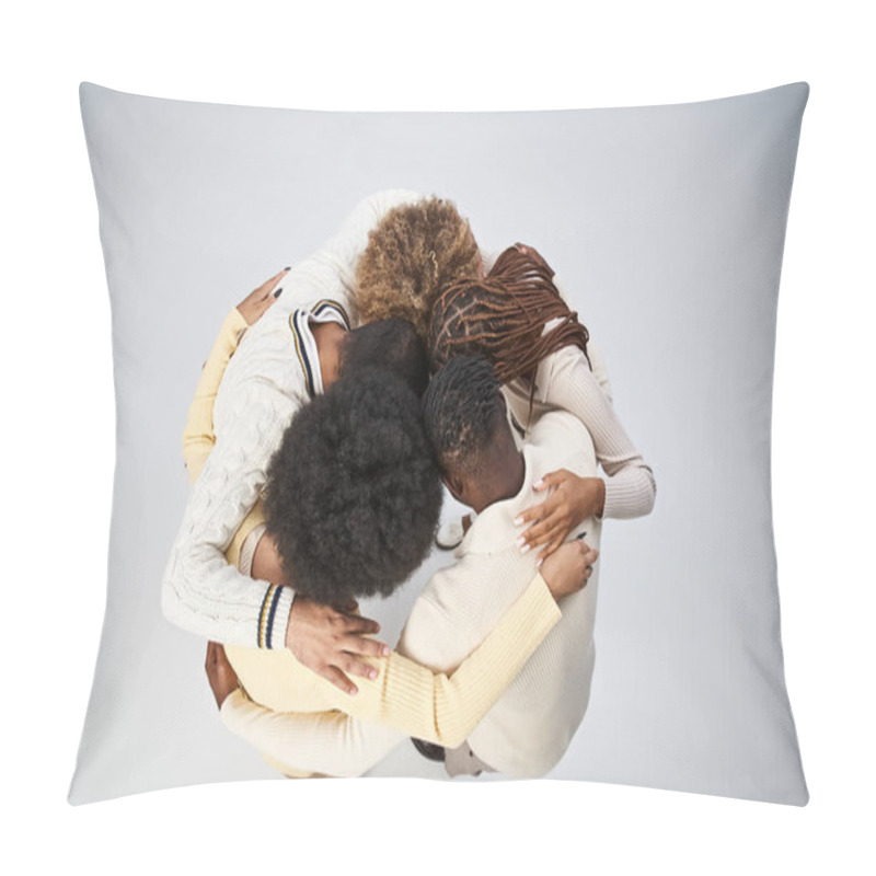 Personality  Top View Of African American People Bonding And Hugging On Grey Background, Juneteenth Concept Pillow Covers