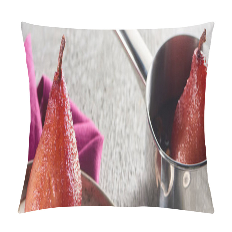 Personality  Delicious Pear In Wine On Silver Plate And In Stewpot On Grey Concrete Surface With Pink Napkin, Panoramic Shot Pillow Covers