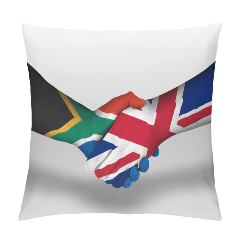 Personality  Handshake Between United Kingdom And South Africa Flags Painted On Hands, Illustration With Clipping Path. Pillow Covers