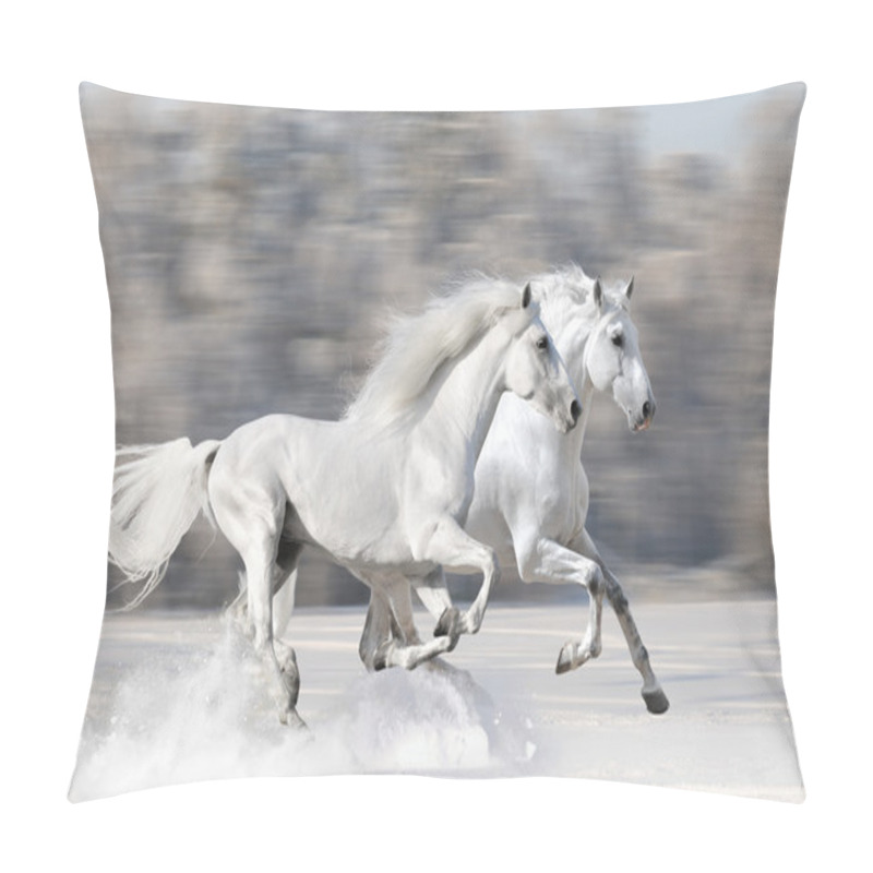 Personality  Two White Horses In Winter Run Gallop Pillow Covers