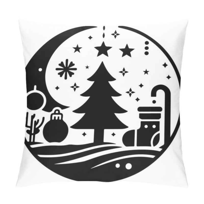 Personality  This Festive Vector Illustration Features A Stylized Christmas Tree Surrounded By Various Holiday-themed Elements, Including Snowflakes, Stars, And Decorative Dots. The Black And White Design Is Perfect For Holiday Greeting Cards, Seasonal Decoration Pillow Covers