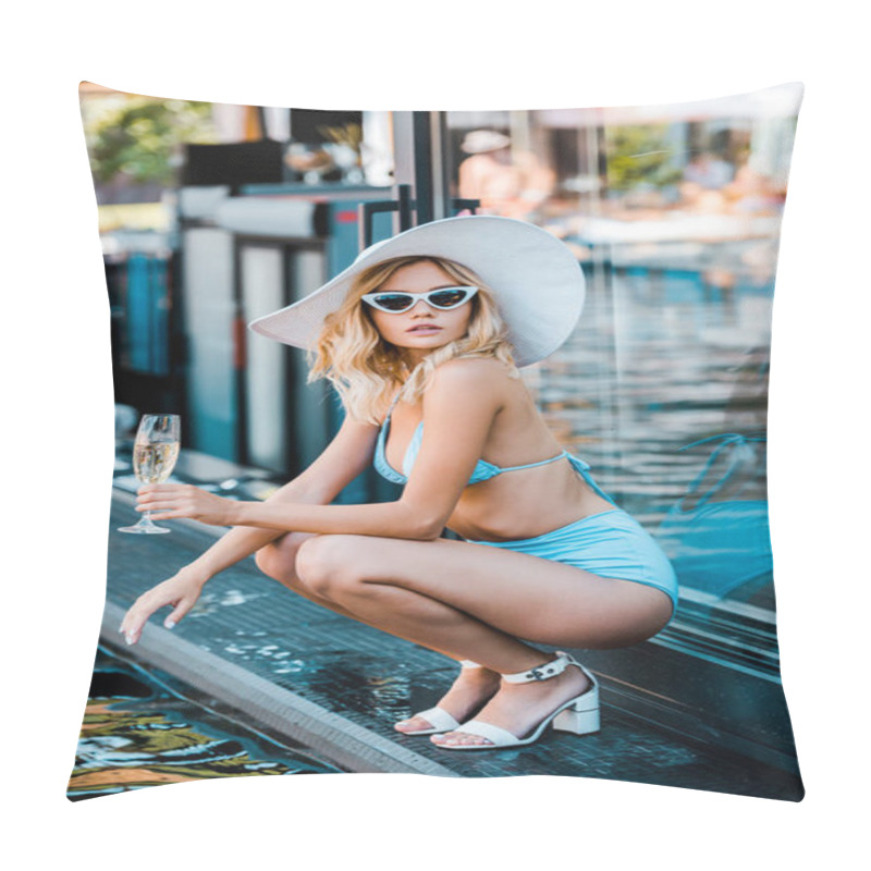 Personality  Beautiful Pin Up Woman In Blue Swimsuit Holding Champagne Glass Near Swimming Suit Pillow Covers