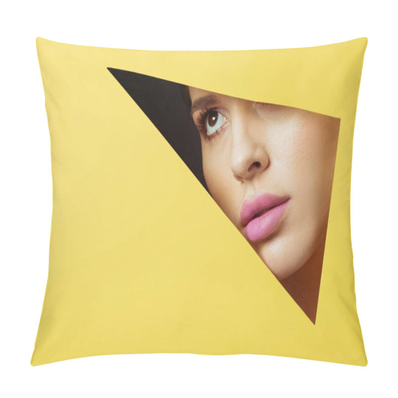 Personality  Woman With Pink Lips Looking Across Triangular Hole In Yellow Paper On Black Background Pillow Covers