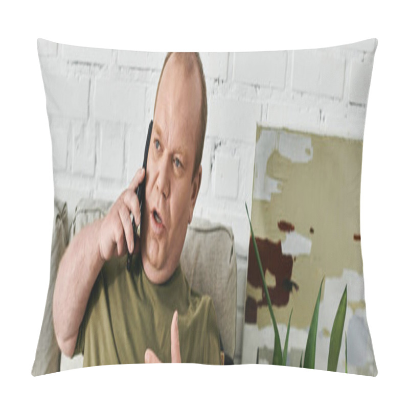 Personality  A Man With Inclusivity Sits On A Couch, Casually Dressed, Speaking On The Phone. Pillow Covers