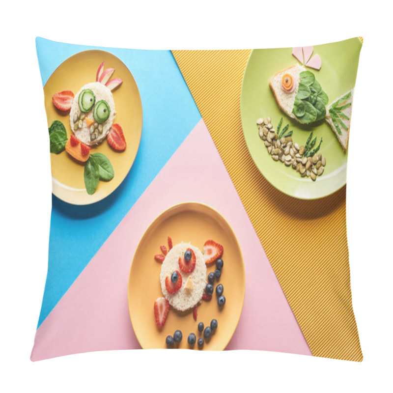 Personality  Top View Of Plates With Fancy Animals Made Of Food On Blue, Yellow And Pink Background Pillow Covers