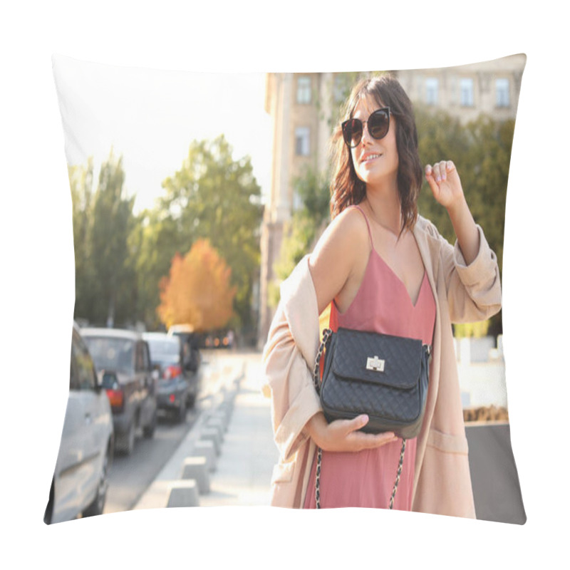 Personality  Young Woman In Sunglasses With Stylish Black Bag On City Street Pillow Covers