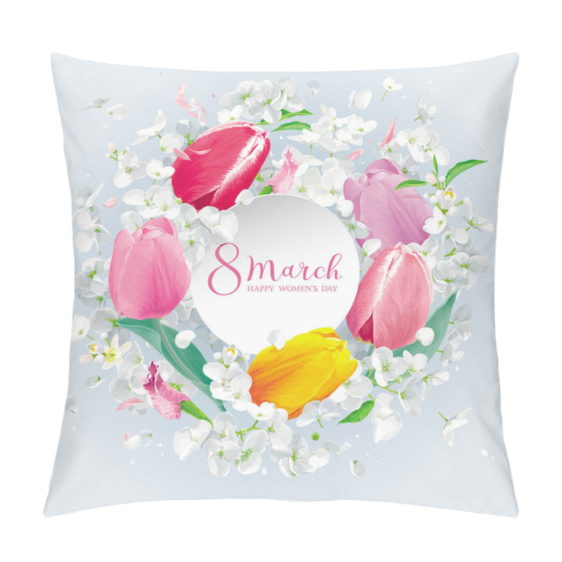 Personality  Tulips And Apple Blossom For 8 March. Flower Vector Greeting Card In Watercolor Style With Lettering Design And Round Paper Label Pillow Covers