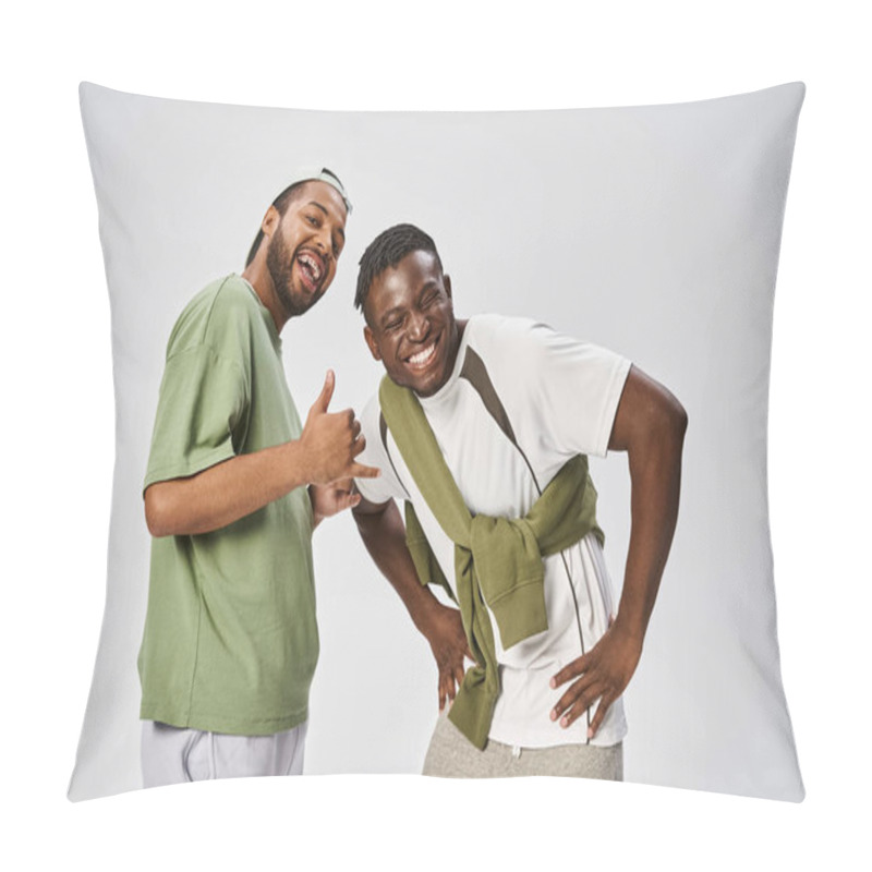 Personality  Happy Juneteenth Celebration, Excited And Young African American Friends Hugging On Grey Background Pillow Covers