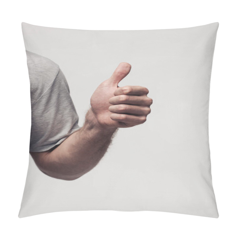 Personality  Partial View Of Man Showing Thumb Up Isolated On Grey, Human Emotion And Expression Concept Pillow Covers