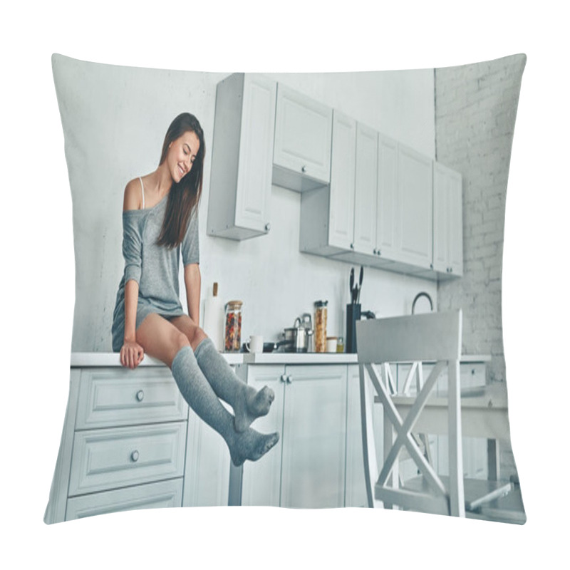 Personality  Good Morning! Attractive Young Woman Is Having Rest At Home. Girl On Kitchen. Pillow Covers