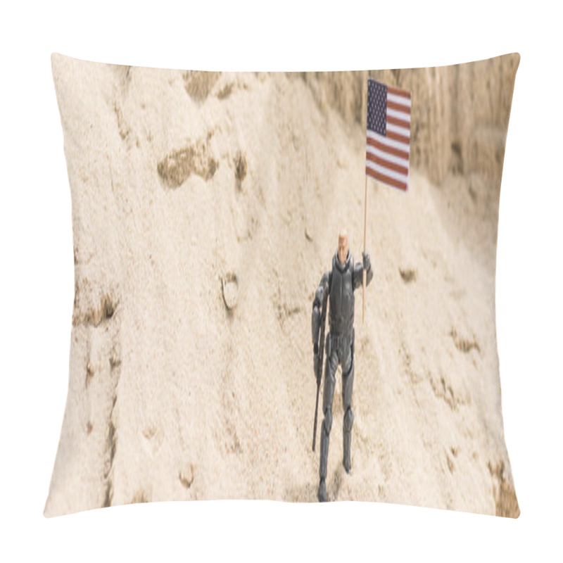 Personality  Toy Armed Soldier Standing On Sand And Holding American Flag, Panoramic Shot Pillow Covers