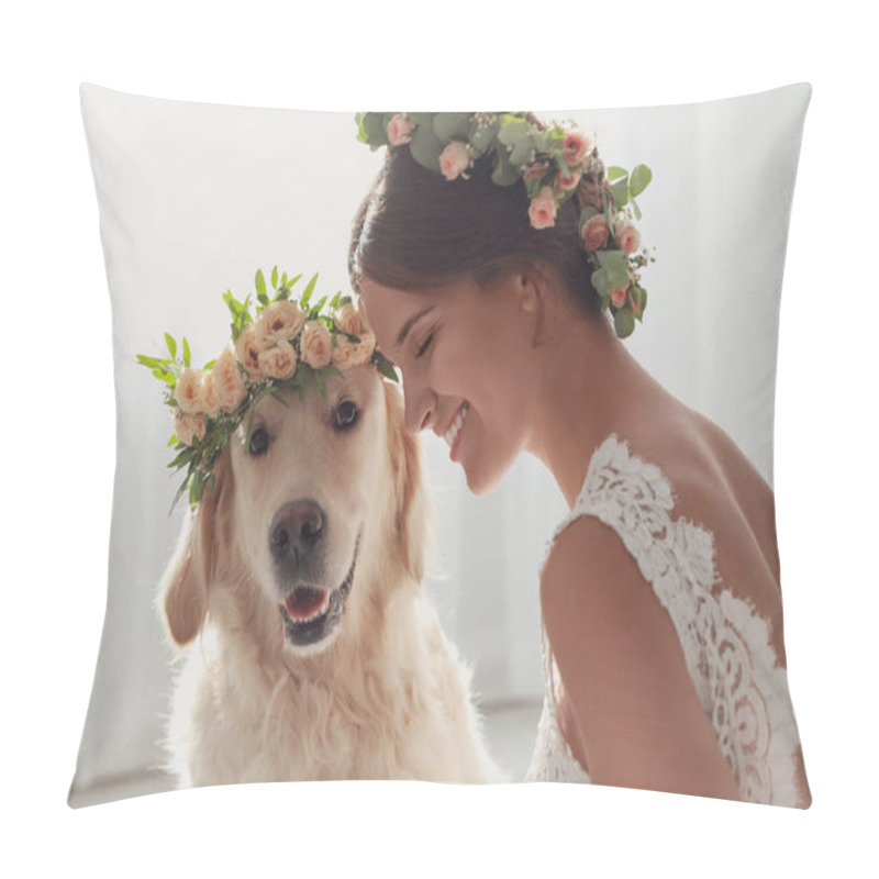 Personality  Bride And Adorable Golden Retriever Wearing Wreath Made Of Beautiful Flowers Indoors Pillow Covers