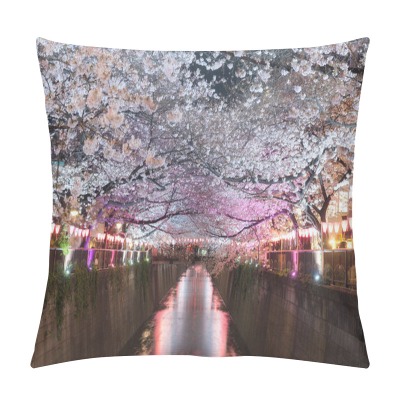 Personality  Cherry Blossom Lined Meguro Canal At Night In Tokyo, Japan. Spri Pillow Covers