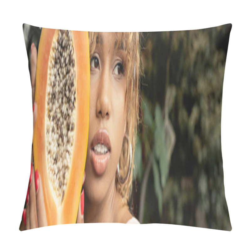 Personality  Portrait Of Trendy Young African American Woman With Braces Holding Fresh And Ripe Papaya And Looking Away While Spending Time In Indoor Garden, Stylish Lady Blending Fashion And Nature, Banner  Pillow Covers