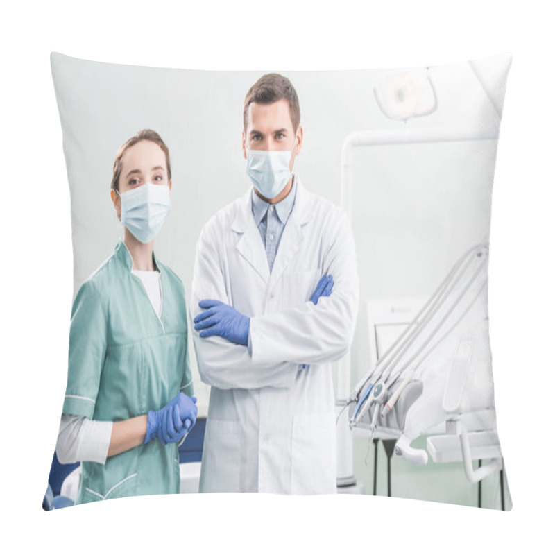 Personality  Dentists In Masks Standing With Crossed Arms In Dental Clinic Pillow Covers