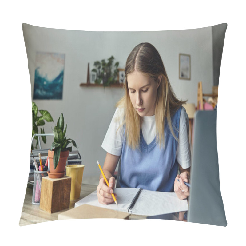 Personality  A Teenage Girl Focuses On Her Studies While Surrounded By Personal Touches In Her Cozy Room. Pillow Covers