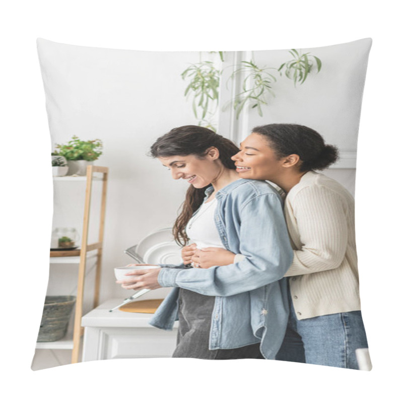 Personality  Overjoyed Multiracial Woman With Engagement Ring On Finger Hugging Happy Girlfriend Holding Cup Of Coffee  Pillow Covers