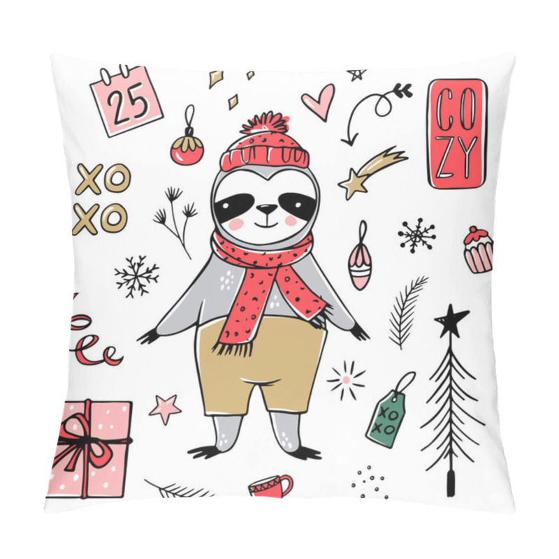 Personality  Cute Sloth, Merry Christmas Collection. Vector Funny Illustrations For Winter Holidays. Doodle Lazy Sloths Bears With Scarf, Gift Box, Hat. Happy New Year And Xmas Animals Set Pillow Covers