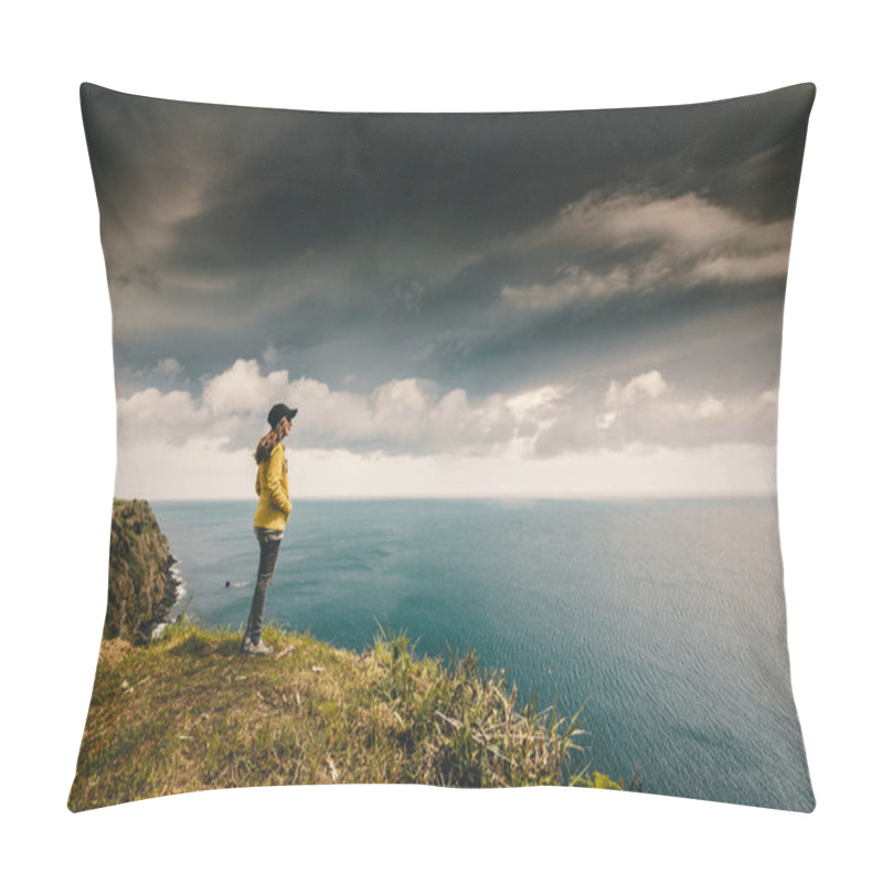 Personality  Woman Watching The Ocean With A Lighthouse On The Back, Azores Island. Pillow Covers