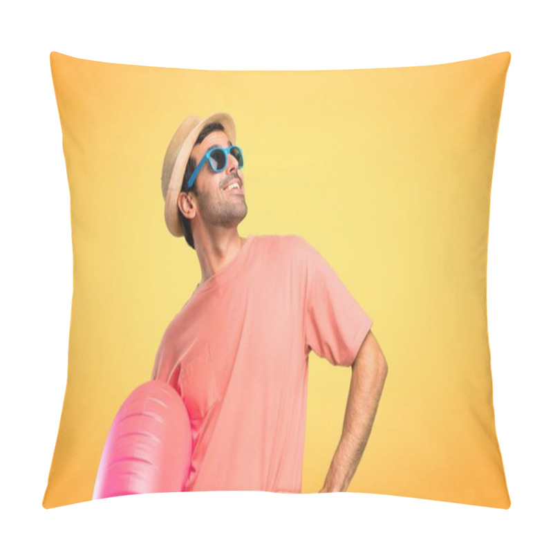 Personality  Man With Hat And Sunglasses On His Summer Vacation Stand And Looking Up On Orange Background Pillow Covers