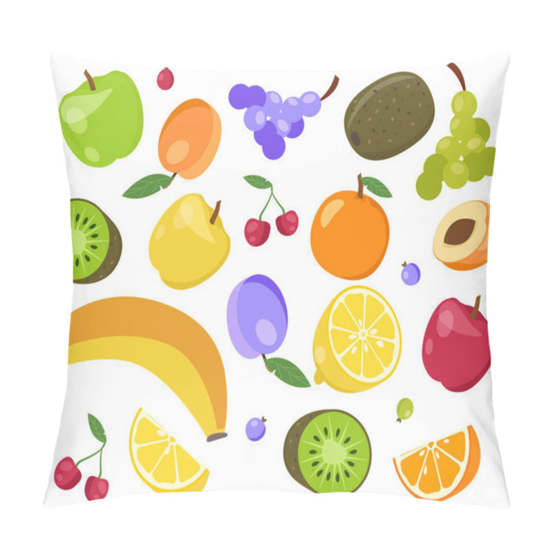 Personality  Set Of Fruits. Natural And Prganic Products, Healthy Eating. Kiwi And Banana, Grape And Apple. Vegetarian Diet With Vitamins. Cartoon Flat Vector Collection Isolated On White Background Pillow Covers