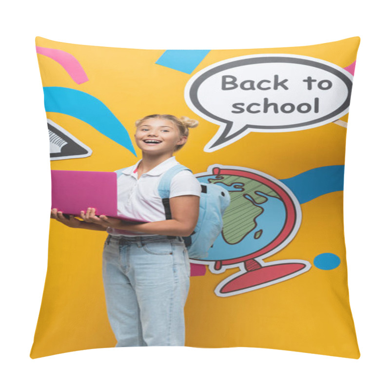 Personality  Schoolgirl Holding Laptop Near Speech Bubble With Back To School Lettering And Paper Art On Yellow Background Pillow Covers