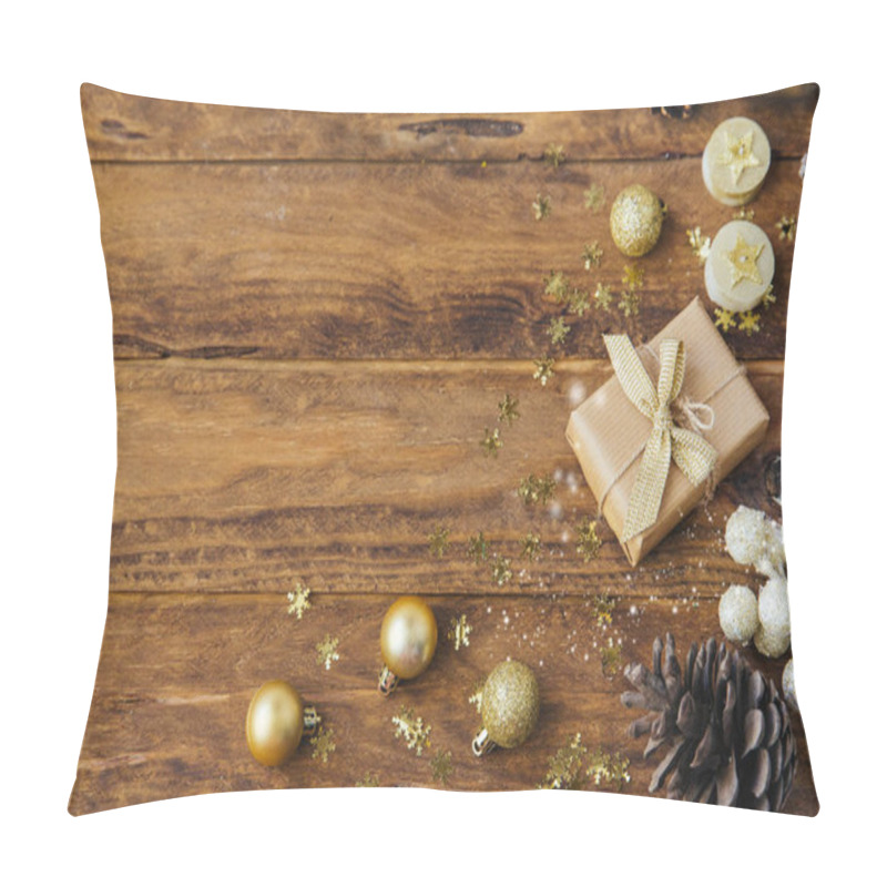 Personality  Christmas Background With Pine Cones And Gift Box On Wooden Table. Copy Space, Top View Pillow Covers