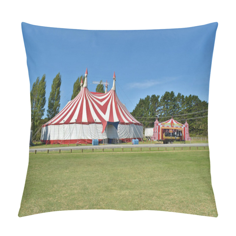 Personality  AUCKLAND, NEW ZEALAND - Mar 07, 2019: Auckland / New Zealand - March 07 2019: View Of Cirque Grande Circus Tent With Ticket Office In Front And Trees With Blue Sky In Background Pillow Covers