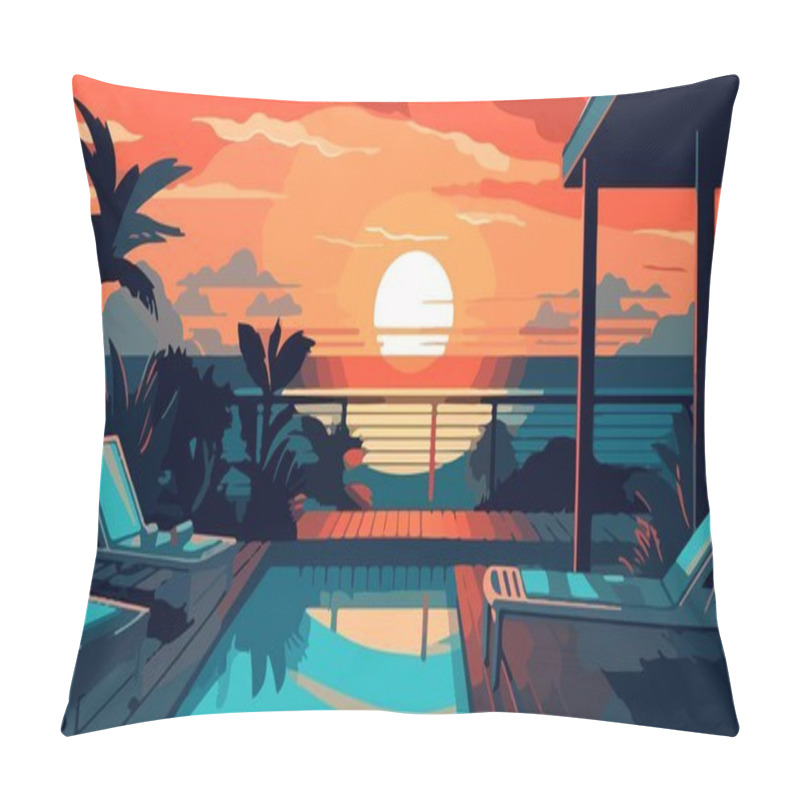 Personality  Summer Terrace With A Swimming Pool And Sun Loungers Against The Backdrop Of Sunset. For Your Design. Pillow Covers