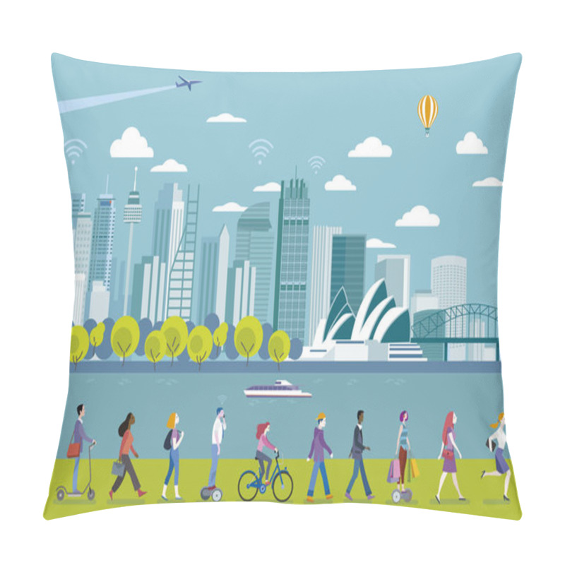 Personality  Sydney Panoramic Skyline With Major Architecture Landmarks. In The Front People Walking. Flat Vector Illustration. Pillow Covers