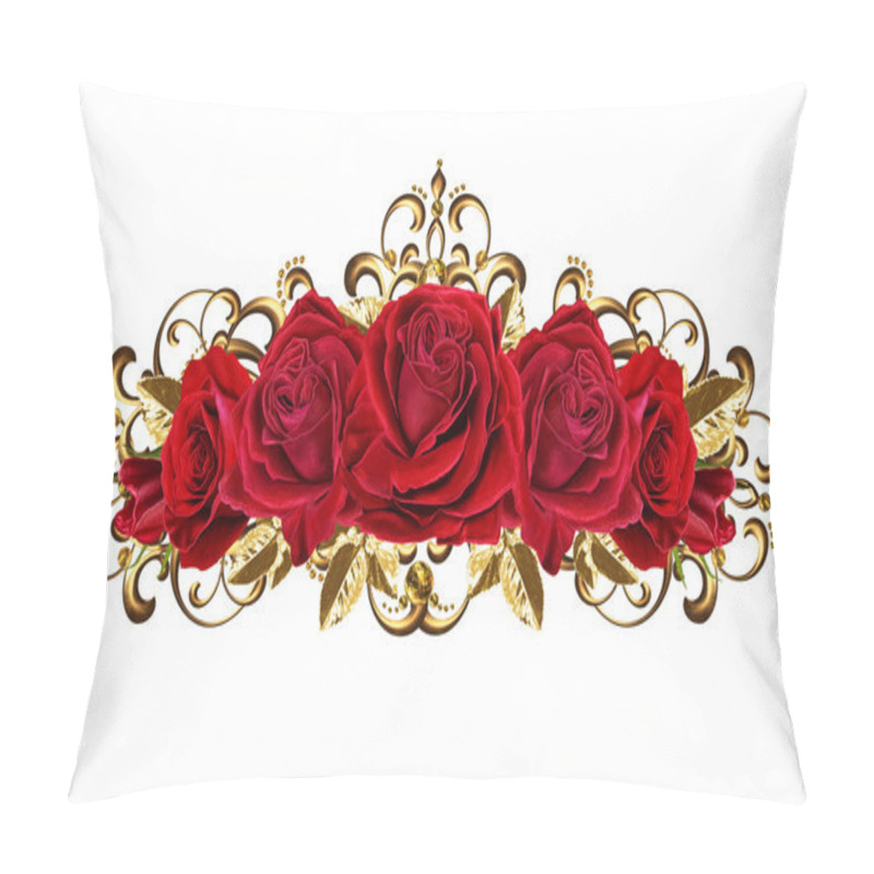 Personality  Composition Of Red Roses In A Gold Frame, Isolated. Gold Weave. Pillow Covers