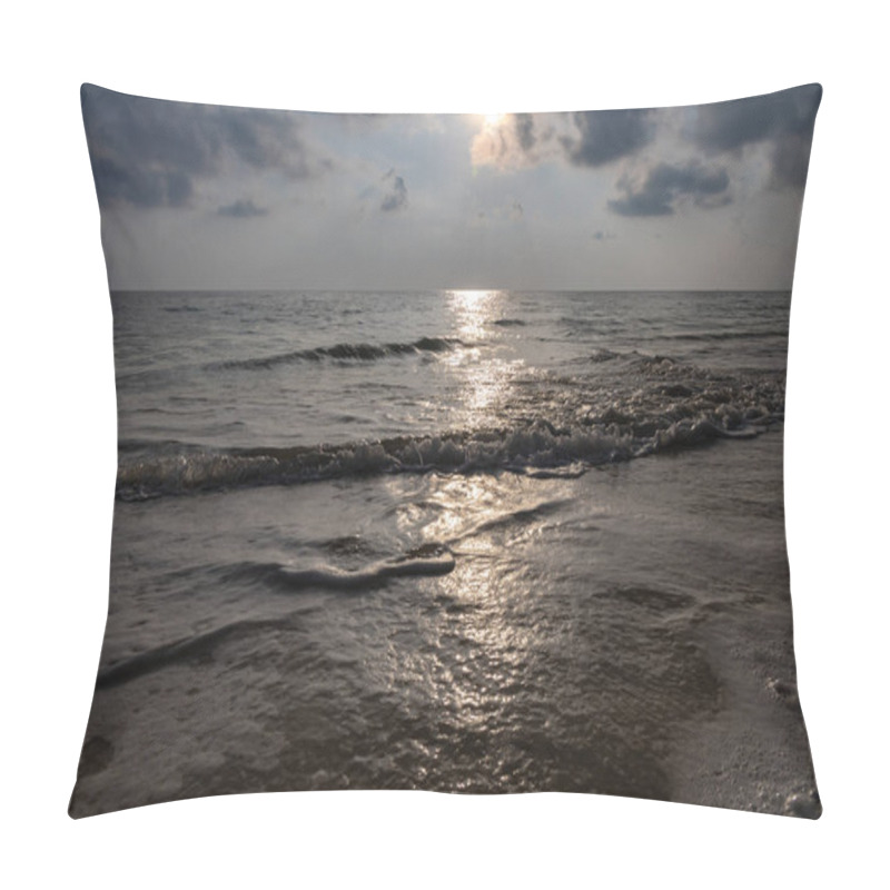 Personality  Sea Horizon With Bright Sunrise Blue Sky From Sandy Beach And Rolling Waves At Morning Pillow Covers