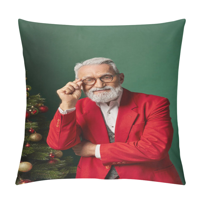 Personality  Jolly Stylish Man In Santa Suit Touching Glasses Posing Next To Christmas Tree, Winter Concept Pillow Covers