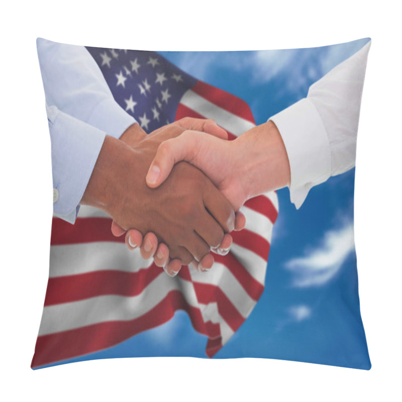 Personality  Business People Shaking Hands Against Flag Pillow Covers