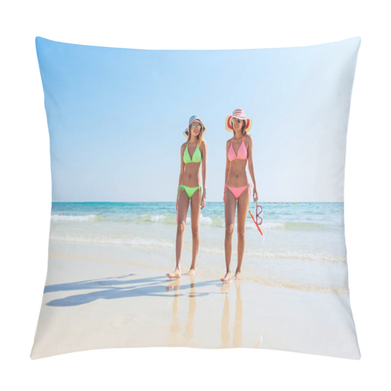 Personality  Beach Vacation Snorkel Girl Snorkeling With Mask And Fins. Bikini Women Relaxing On Summer Tropical Getaway Doing Snorkeling Activity With Snorkel Tuba And Flippers Sun Tanning. Suntan Skin Body Care. Pillow Covers