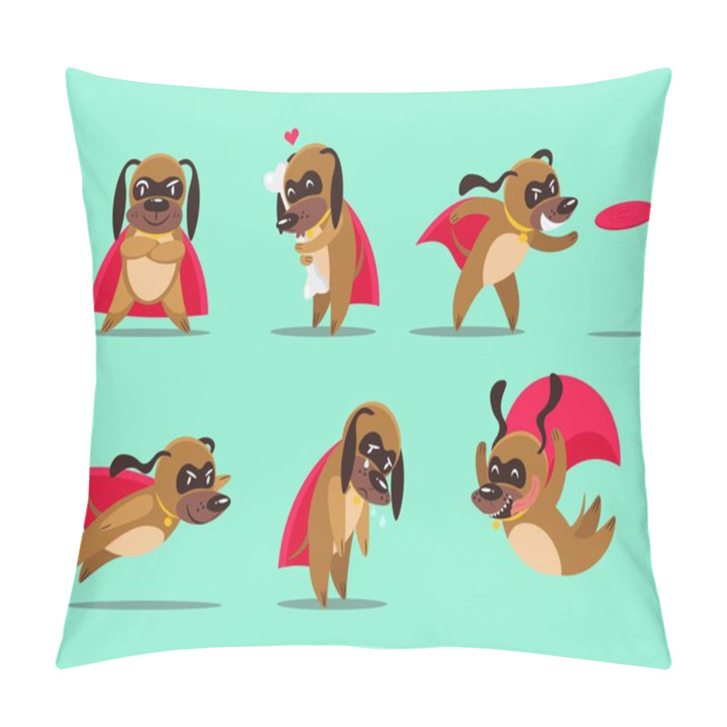 Personality  Set Of Cartoon Dogs Superhero In Different Poses.Vector Illustration. Pillow Covers