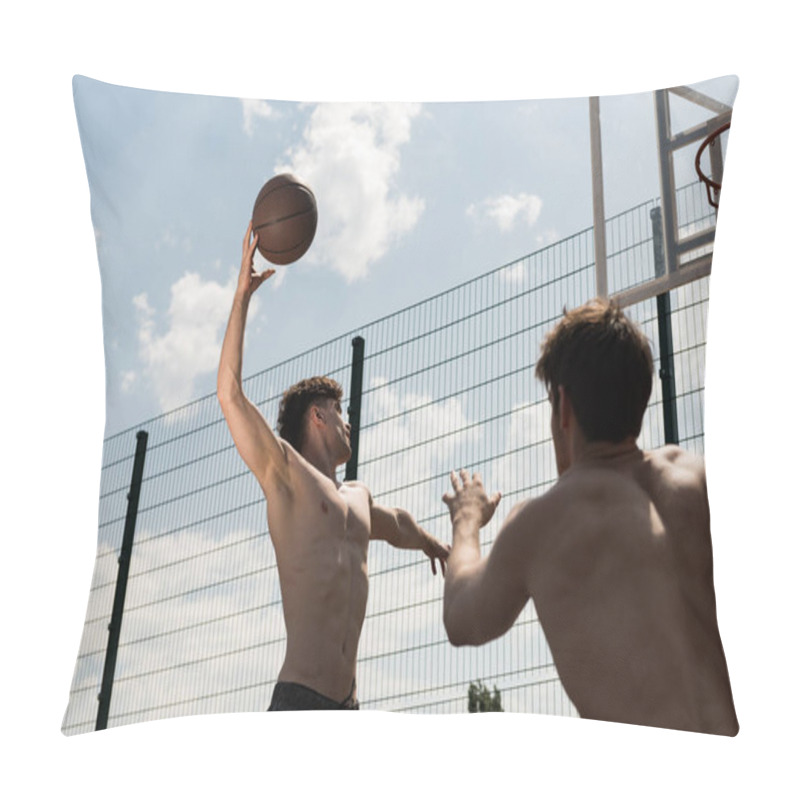 Personality  Two Sexy Shirtless Sportsmen Playing Basketball Under Blue Sky At Basketball Court Pillow Covers