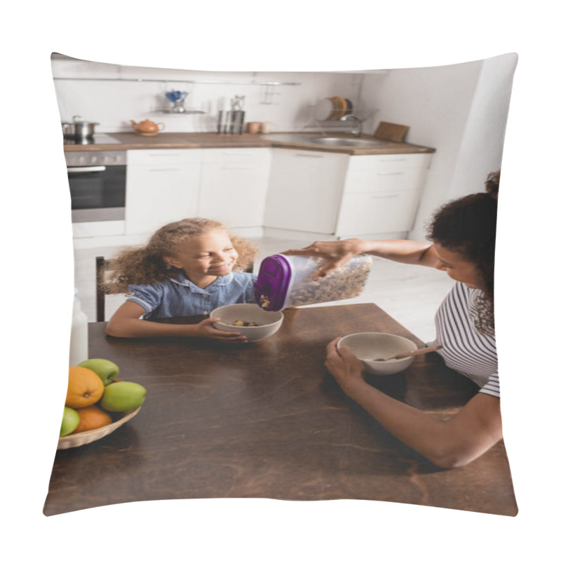 Personality  High Angle View Of African American Woman Pouring Cornflakes Into Bowl Near Daughter, Fresh Fruits And Milk Pillow Covers