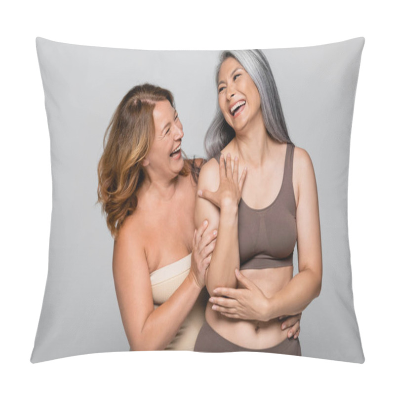 Personality  Cheerful Woman Hugging Asian Friend In Lingerie Isolated On Grey Pillow Covers