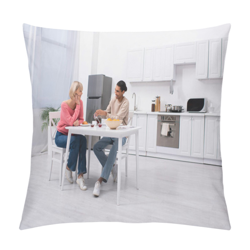 Personality  Positive African American Man Pouring Tea Near Blonde Girlfriend Pillow Covers